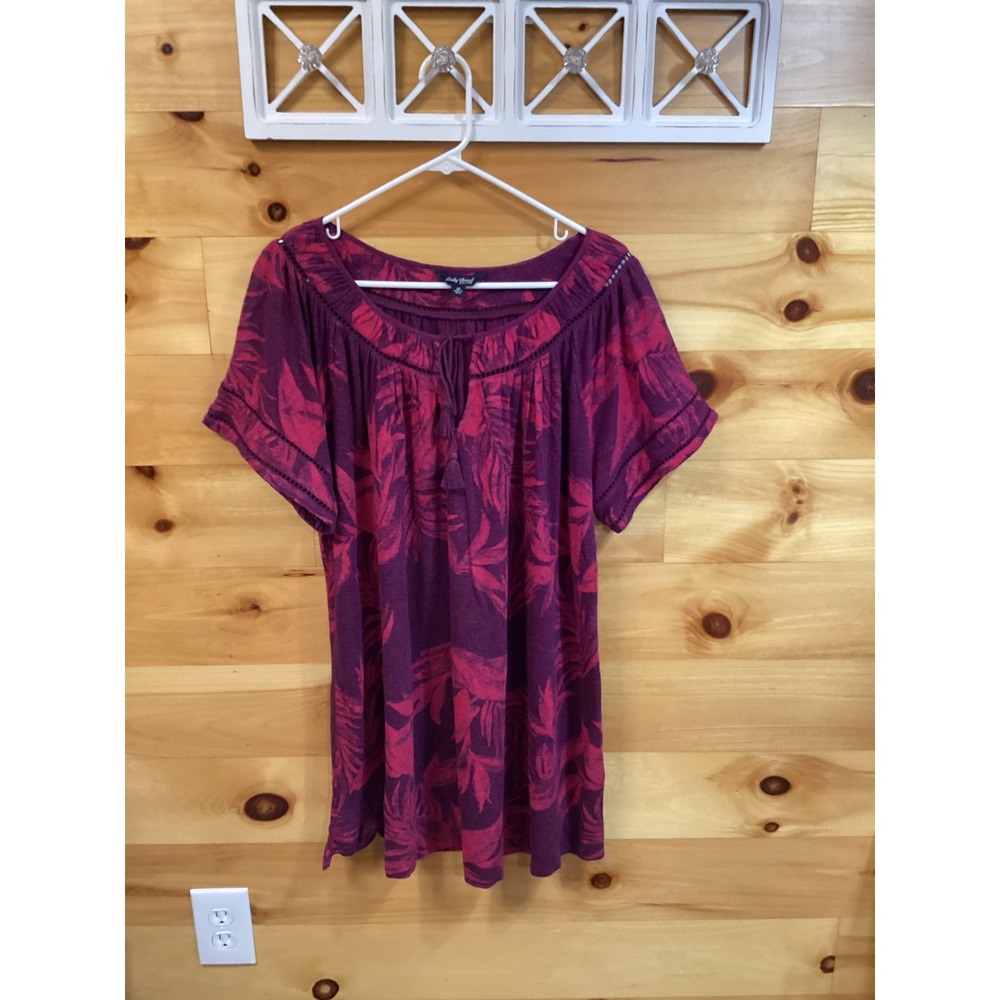Lucky Brand Women 1X Purple Pink Tropical Linen Blend Tassel Boho Blouse Top